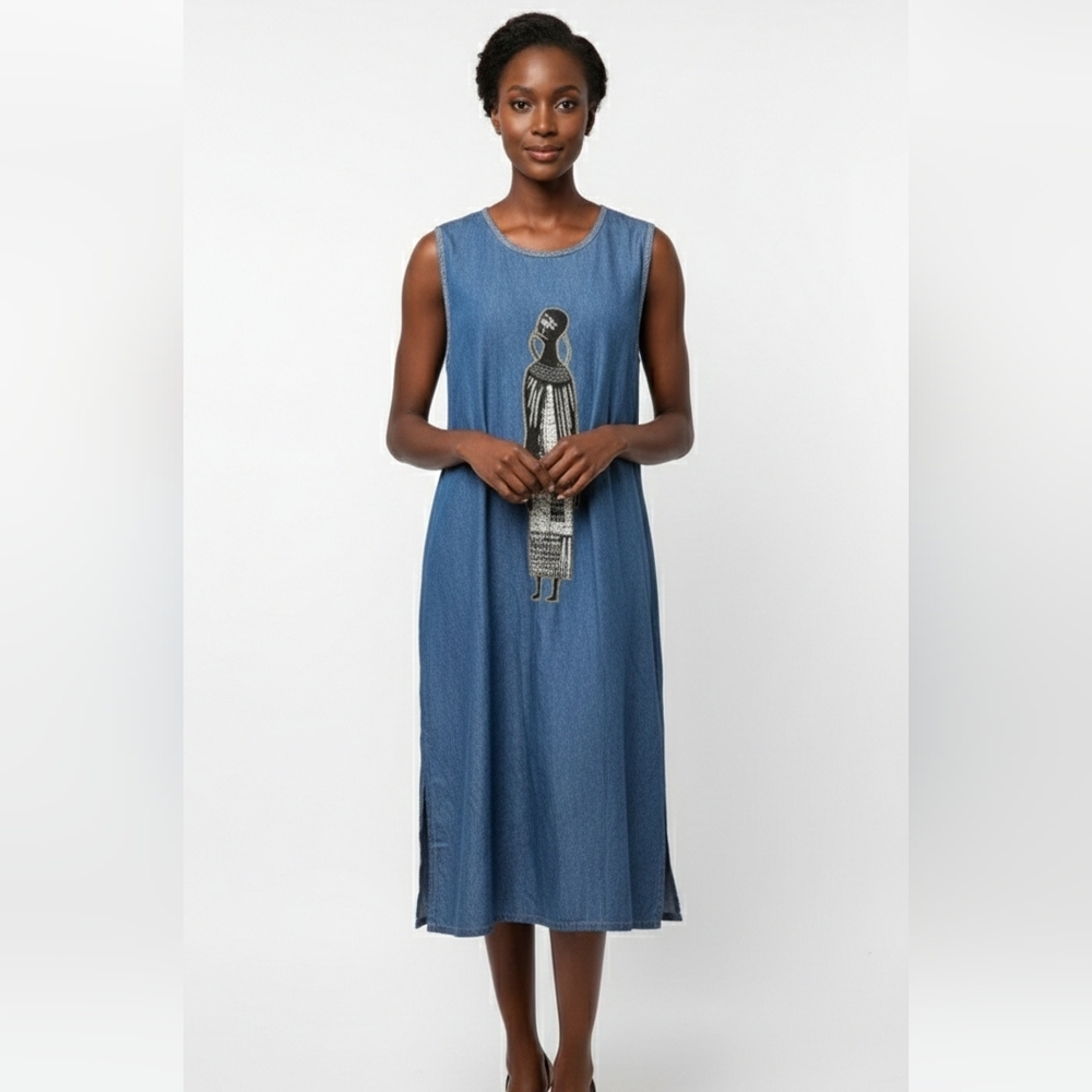 Blue Chambray Maxi Dress African Sleeveless Shift Boho Festival Beach Plus Size